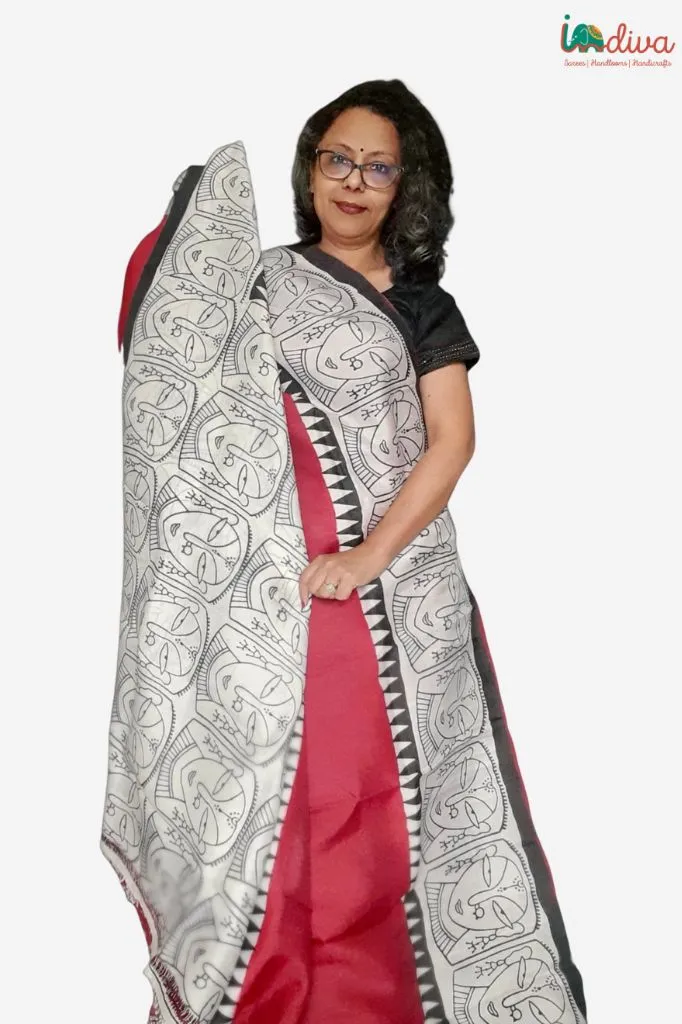 Maroon Block Printed Murshidabad Silk saree