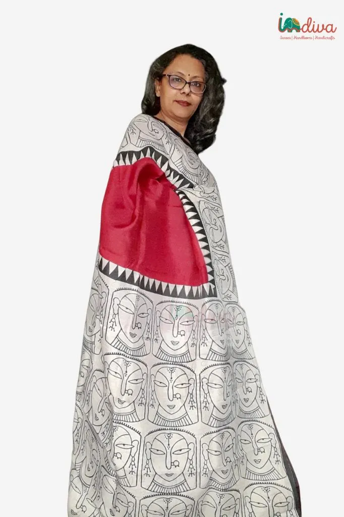 Maroon Block Printed Murshidabad Silk saree