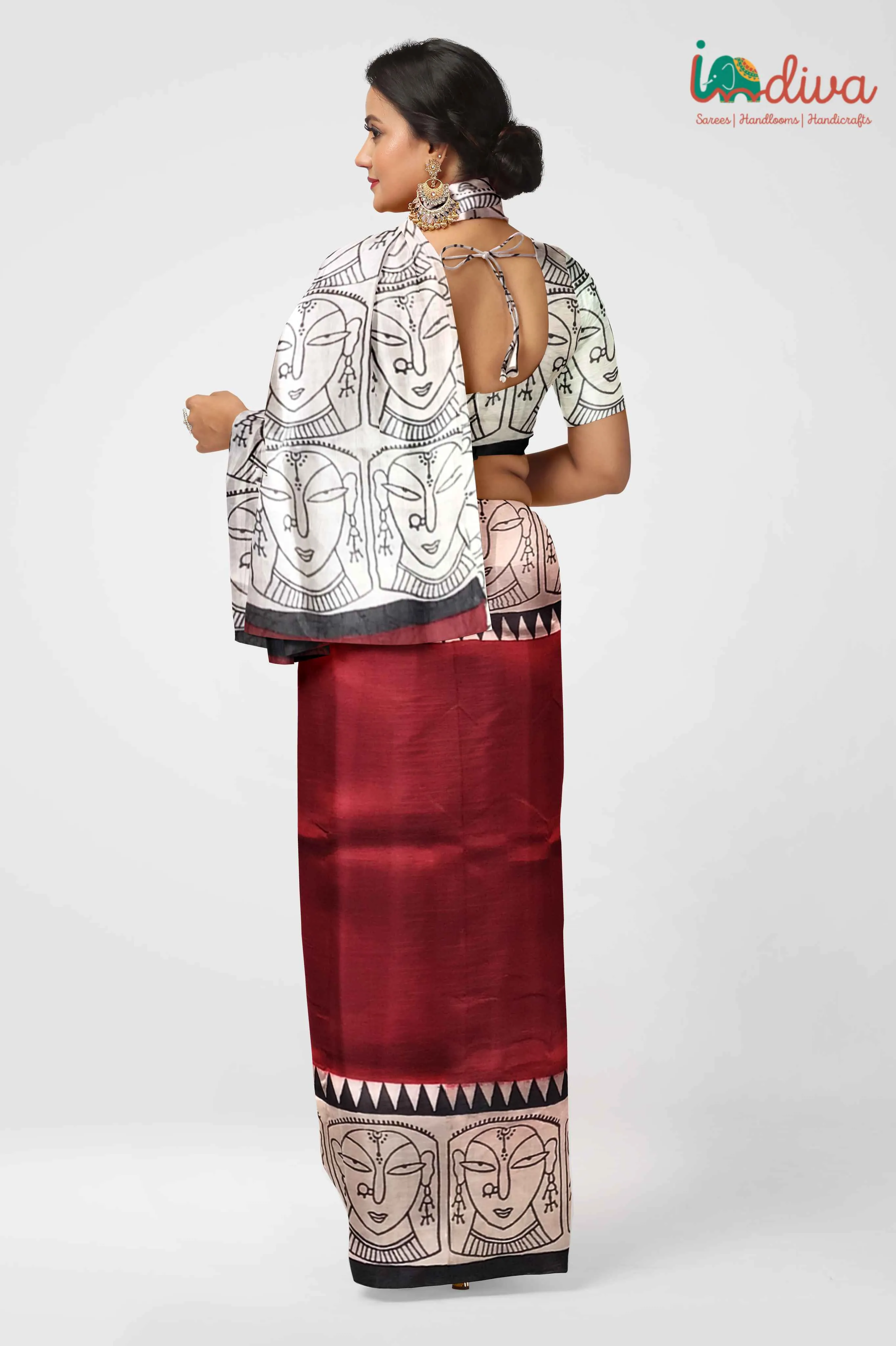 Maroon Block Printed Murshidabad Silk saree