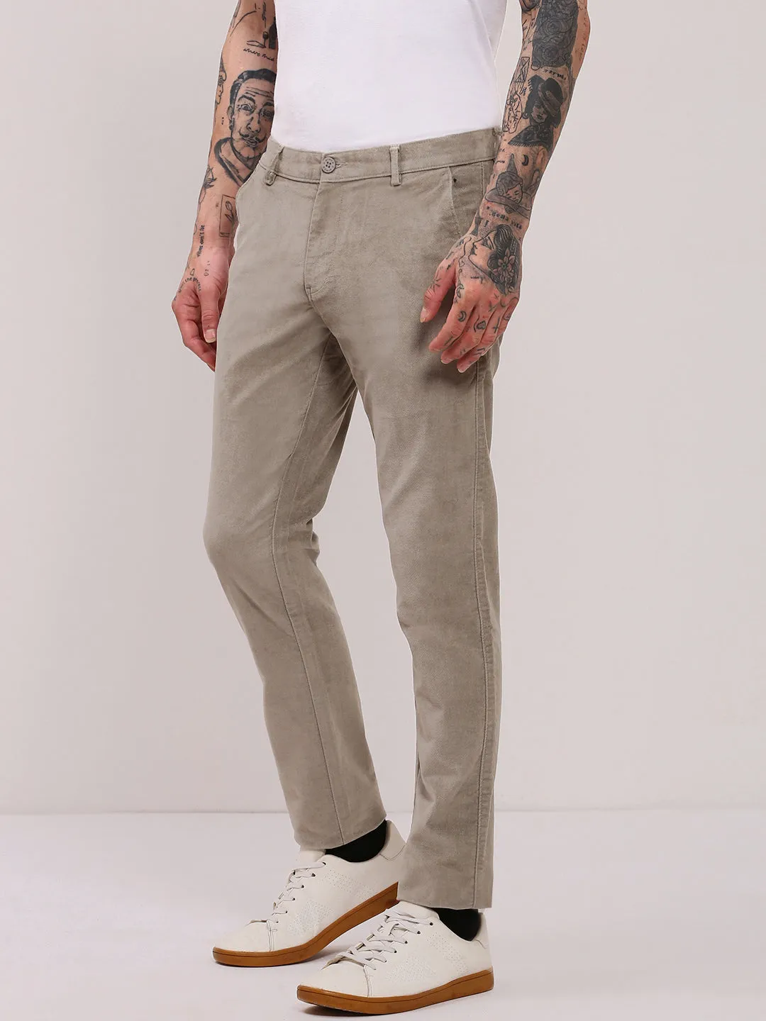 Men Grey Comfort Slim Fit Cotton Trousers