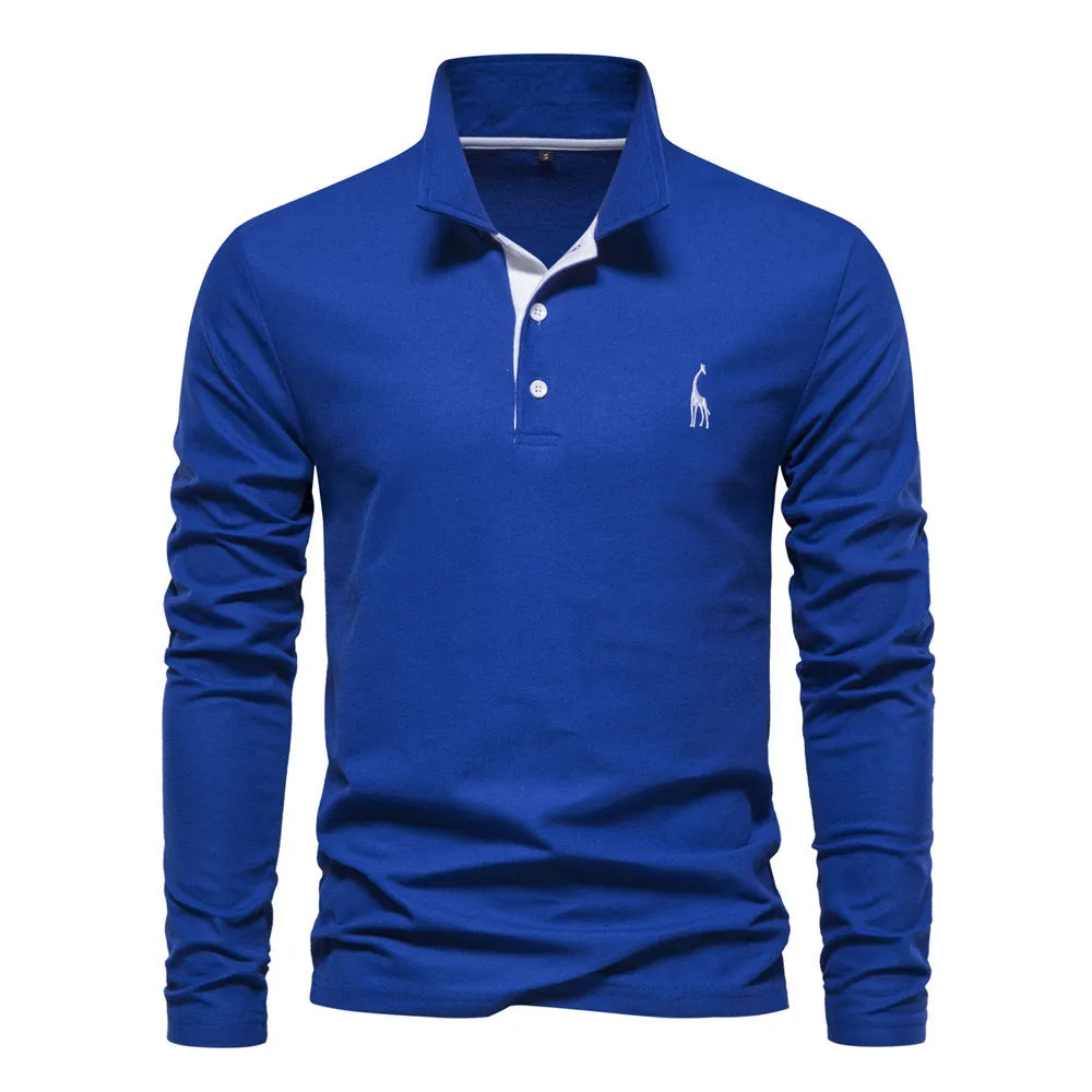 Men's Fashion Casual Polo Collar Deer Embroidered Long Sleeve