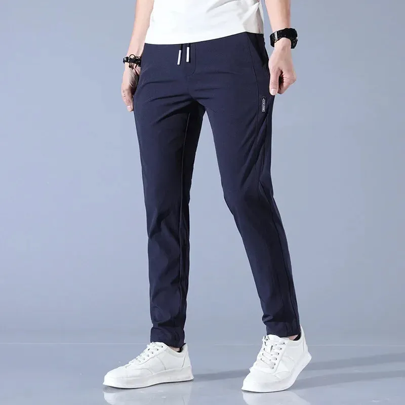 Men's Summer Casual Trousers Elastic Waist Breathable Ice Silk Thin Style Versatile Small Footed Pants For Students And Youth