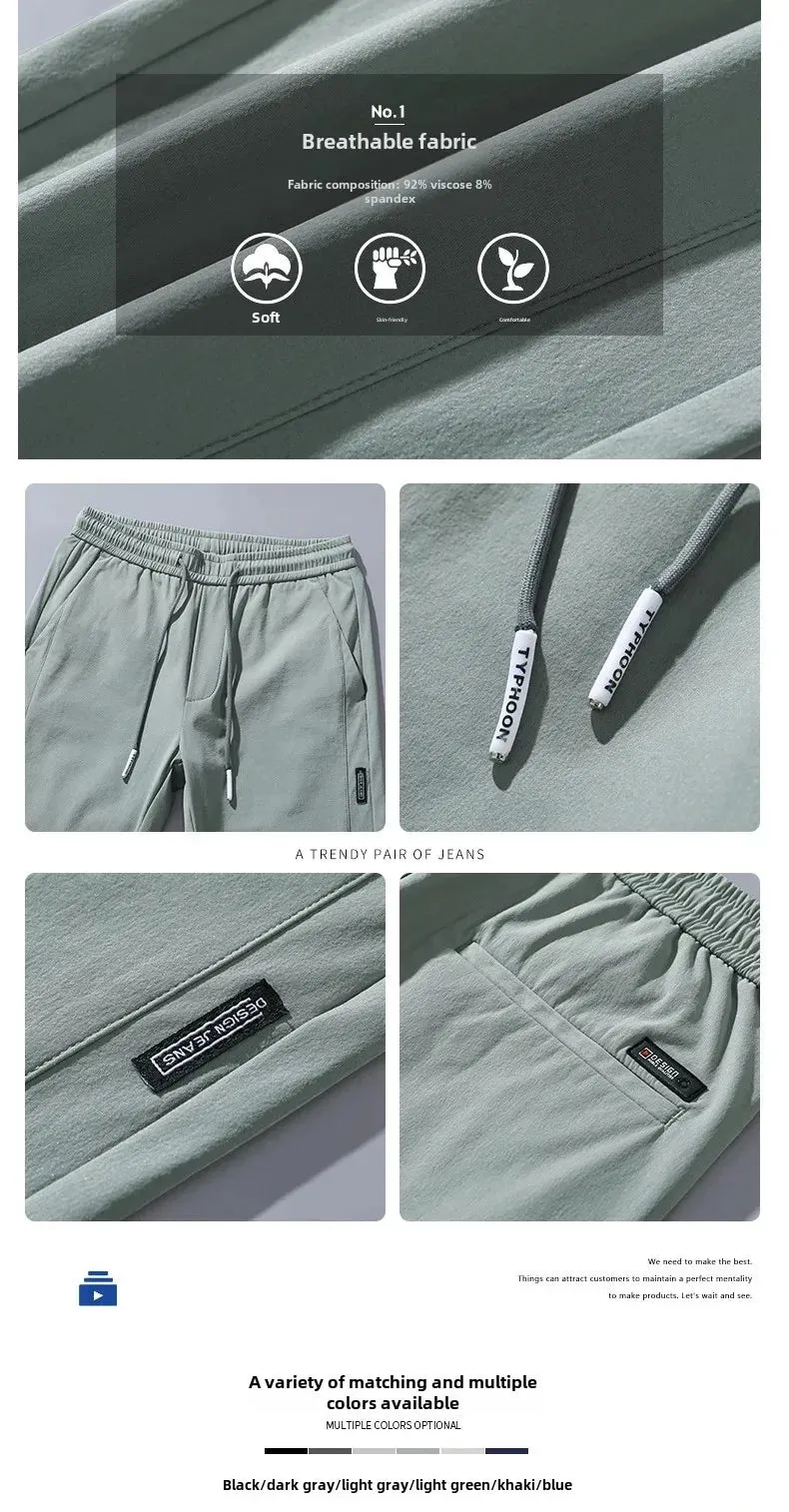 Men's Summer Casual Trousers Elastic Waist Breathable Ice Silk Thin Style Versatile Small Footed Pants For Students And Youth