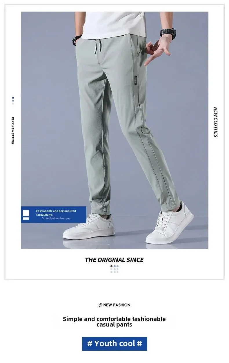 Men's Summer Casual Trousers Elastic Waist Breathable Ice Silk Thin Style Versatile Small Footed Pants For Students And Youth