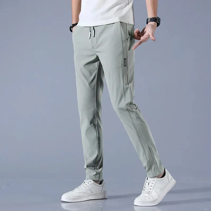Men's Summer Casual Trousers Elastic Waist Breathable Ice Silk Thin Style Versatile Small Footed Pants For Students And Youth