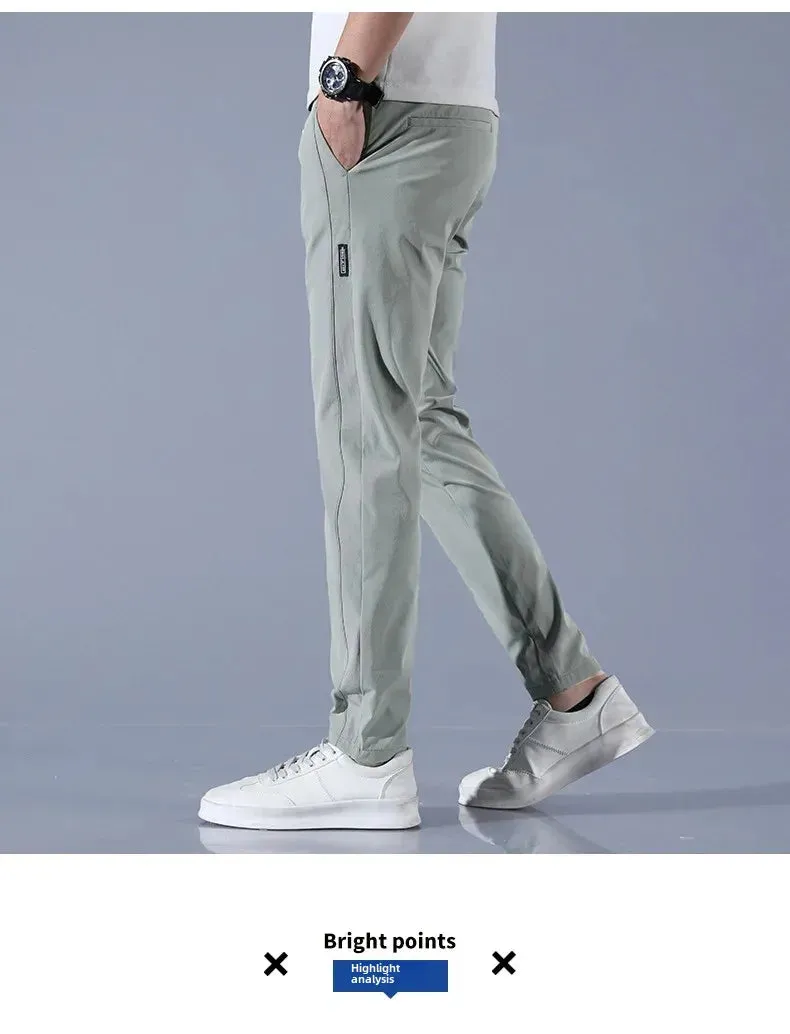 Men's Summer Casual Trousers Elastic Waist Breathable Ice Silk Thin Style Versatile Small Footed Pants For Students And Youth