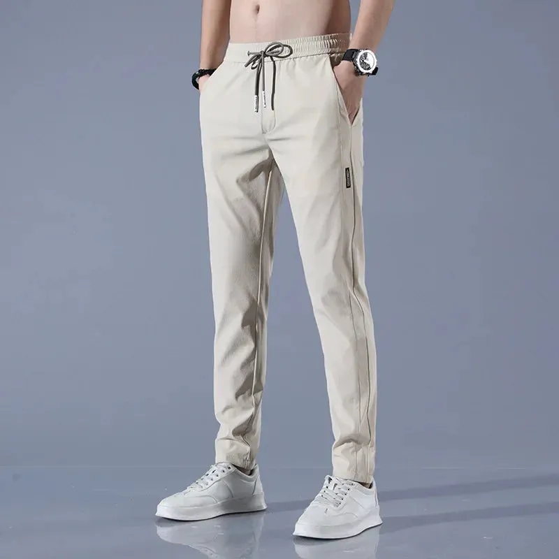 Men's Summer Casual Trousers Elastic Waist Breathable Ice Silk Thin Style Versatile Small Footed Pants For Students And Youth