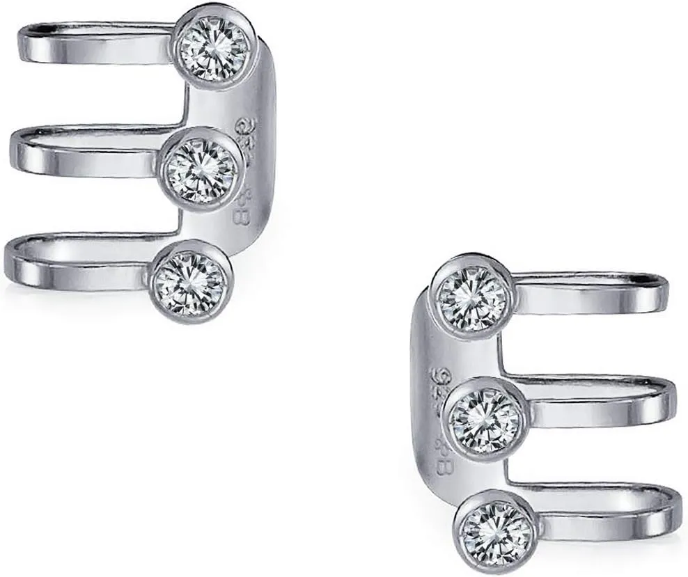 Minimalist Geometric Three CZ Bezel Wrap Helix Stripe Bar Line Triple Band Cartilage Ear Cuffs Earrings .925 Sterling Silver