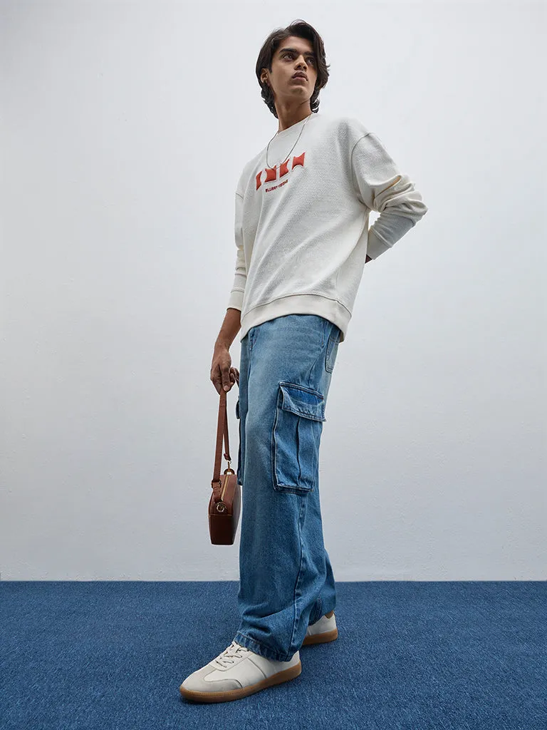 Nuon Off-White Text Design Relaxed-Fit Sweatshirt