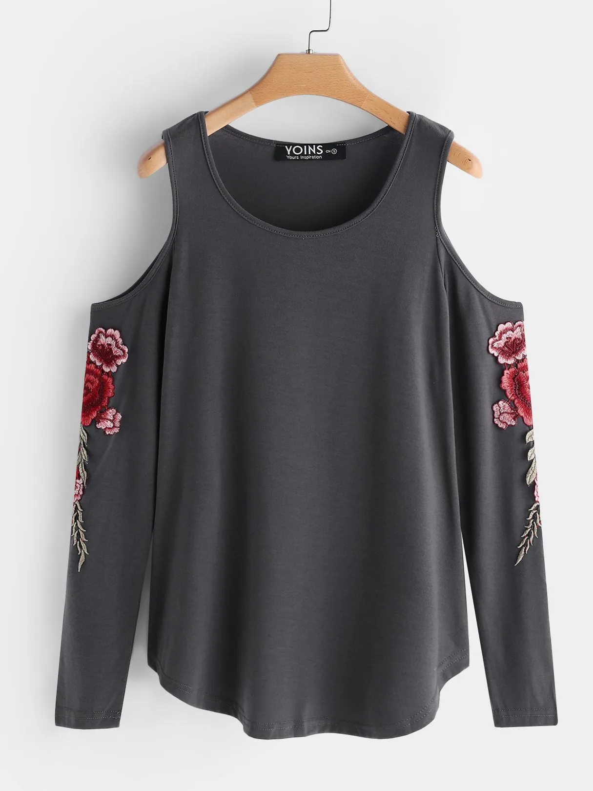 OEM ODM Cold Shoulder Embroidered Long Sleeve Grey T-Shirts