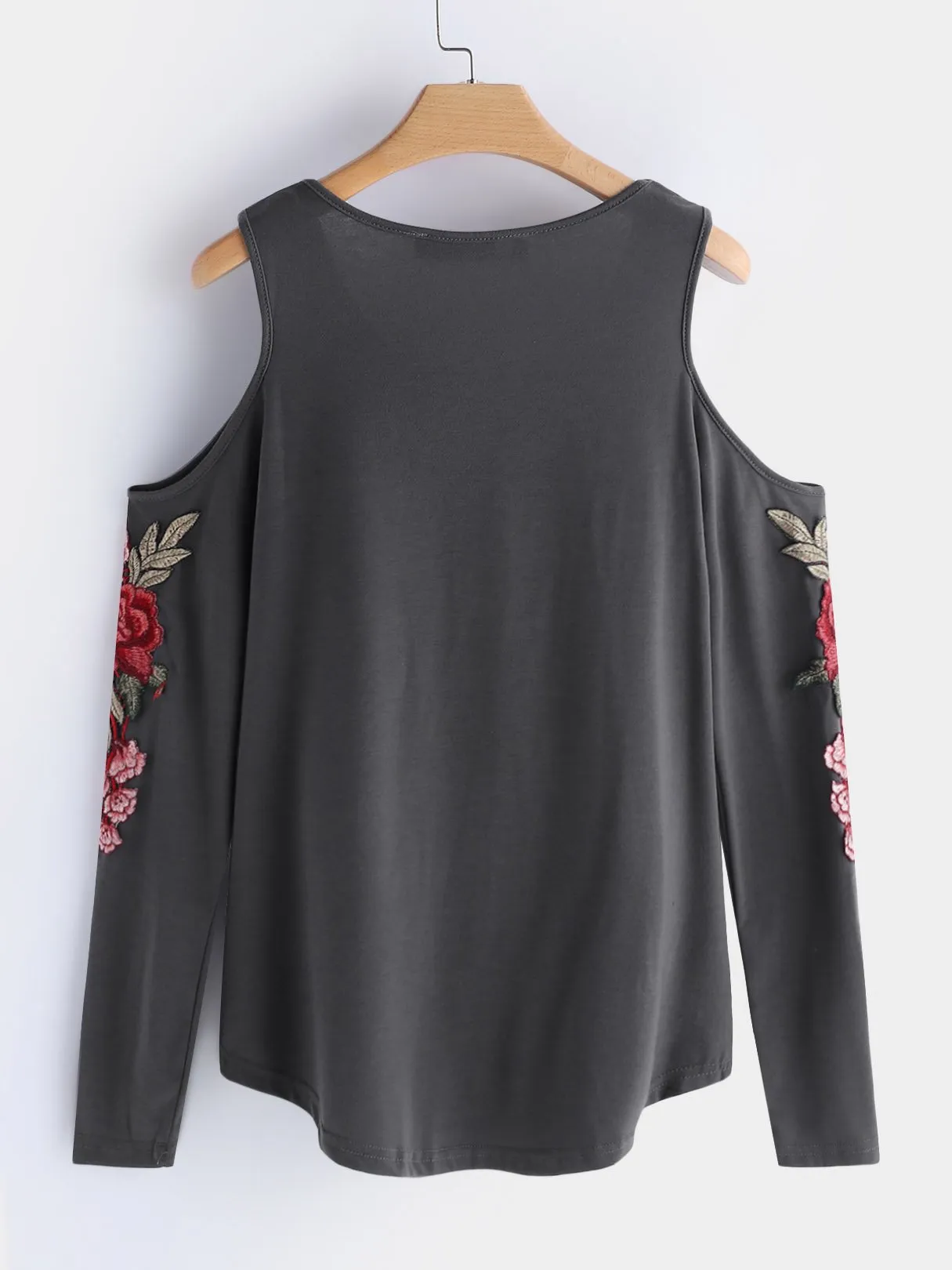 OEM ODM Cold Shoulder Embroidered Long Sleeve Grey T-Shirts