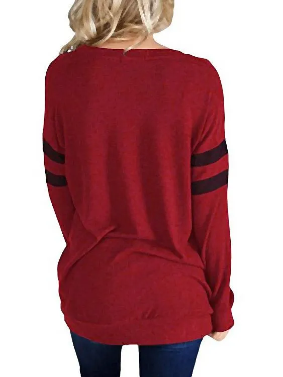 OEM ODM Round Neck Stripe Long Sleeve Burgundy T-Shirts