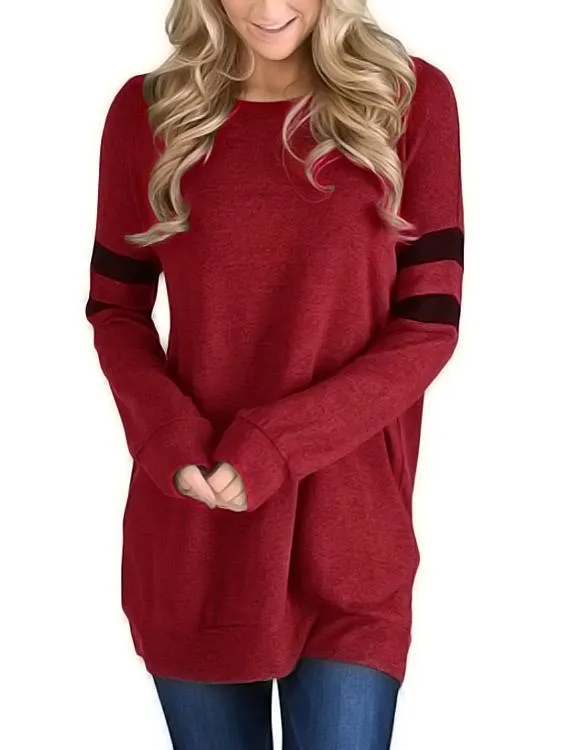 OEM ODM Round Neck Stripe Long Sleeve Burgundy T-Shirts