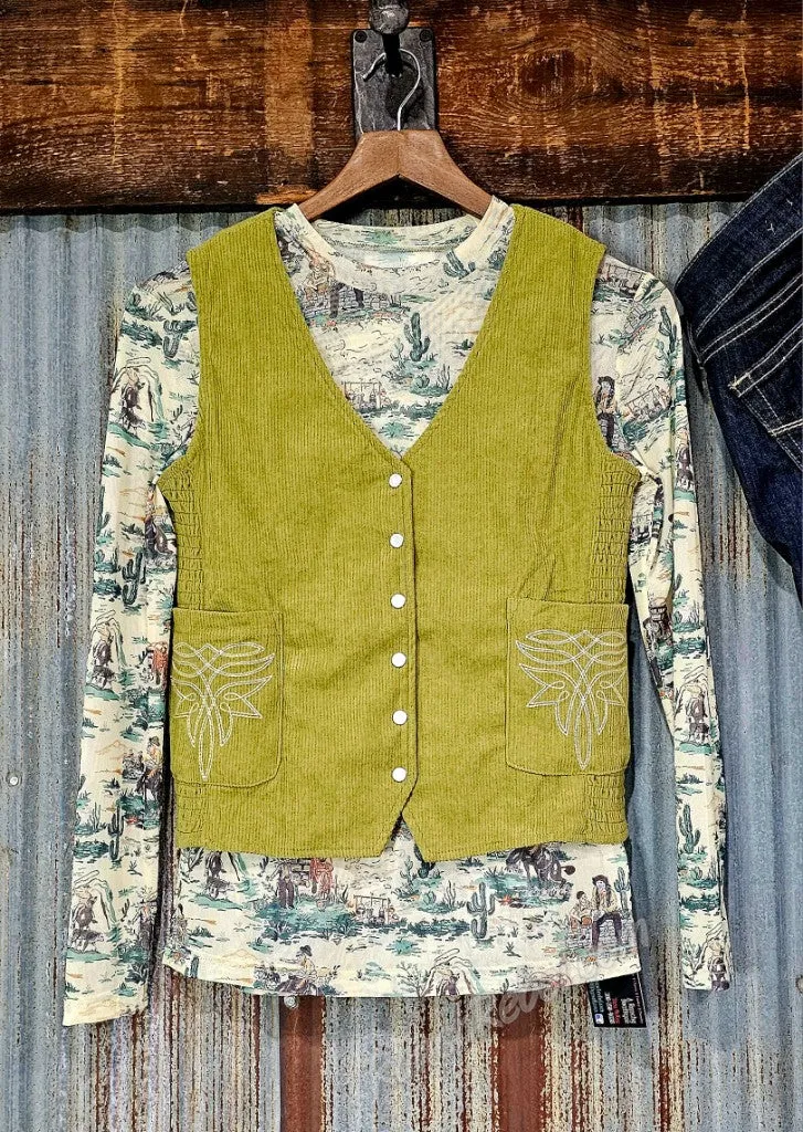 Olive Corduroy Pearl Snap Vest #5814