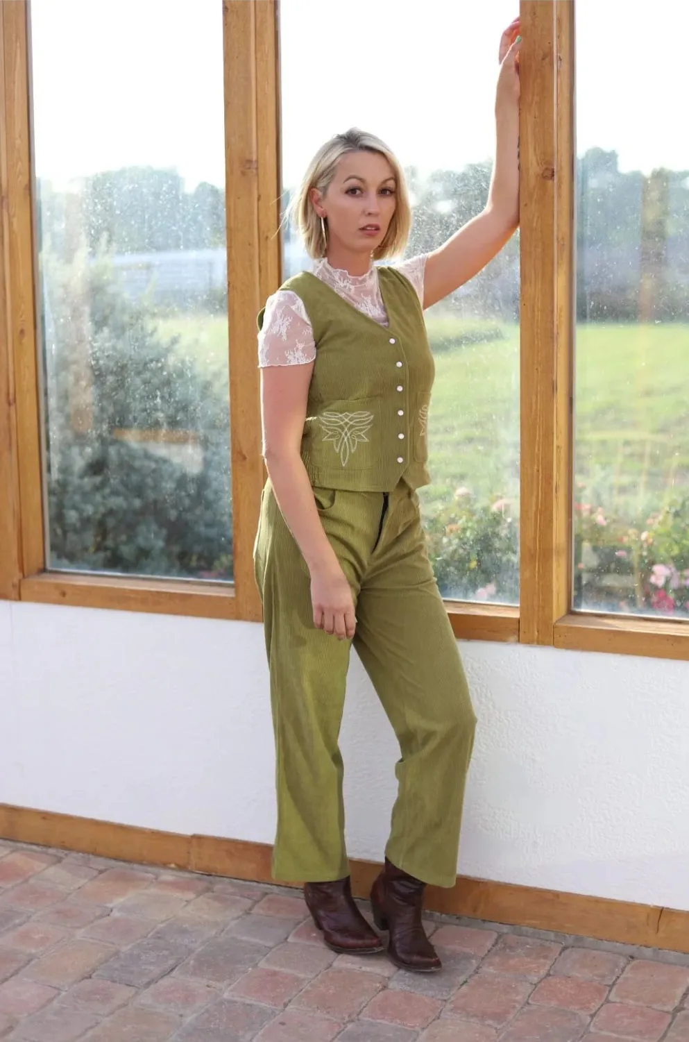 Olive Corduroy Pearl Snap Vest #5814