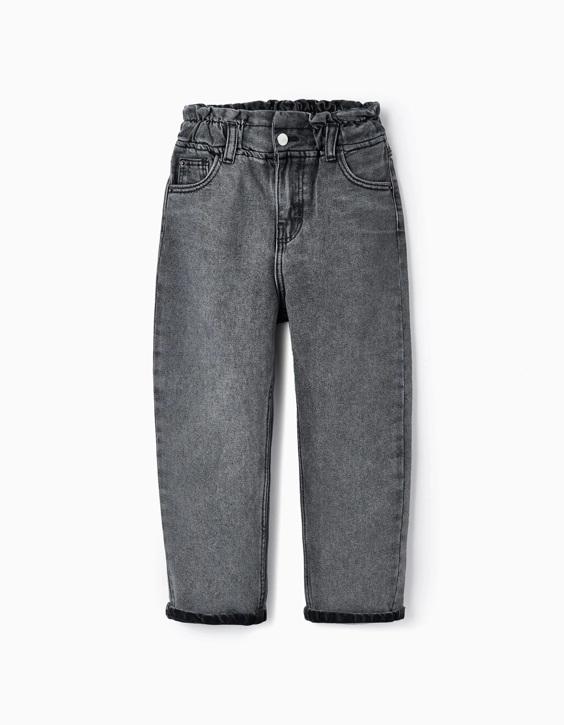 Paperbag Denim Trousers for Girls, Dark Gray