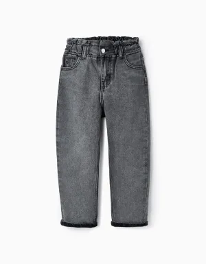 Paperbag Denim Trousers for Girls, Dark Gray