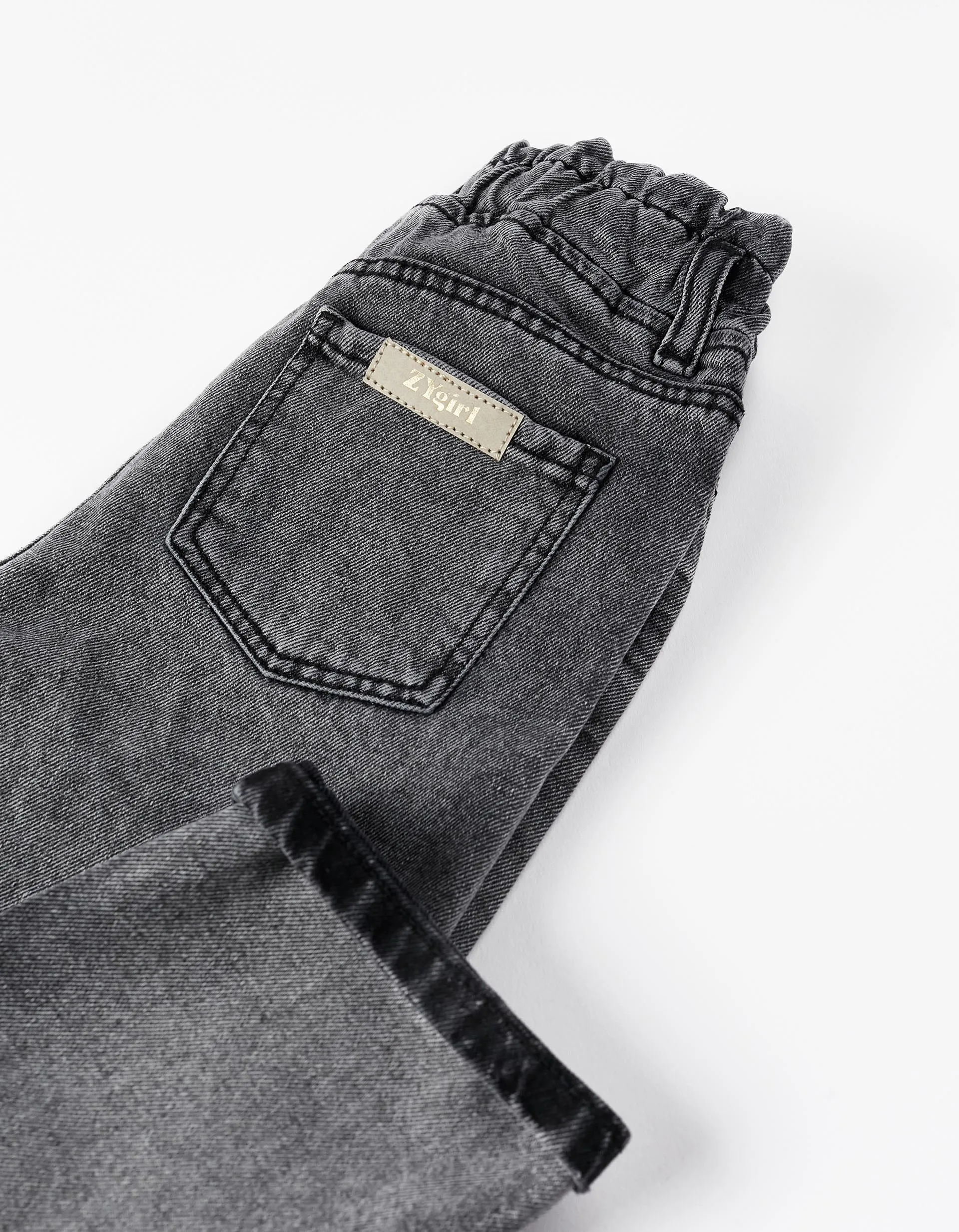 Paperbag Denim Trousers for Girls, Dark Gray