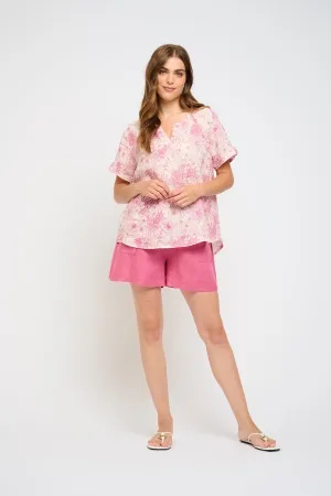Pistache Front Pleat Linen Top - Pink Floral