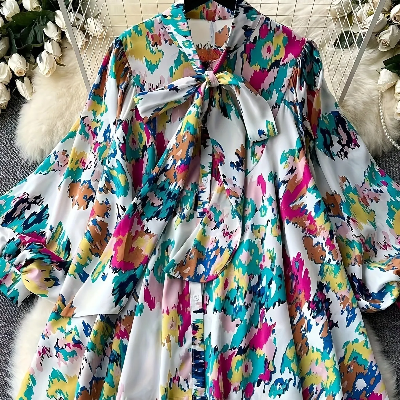 Plus Size Elegant Floral Print Tie-Neck Long Sleeve Blouse - Non-Stretch, Geometric Pattern, Lantern Sleeve, Placket Front, Perfect for Weekend Casual in Spring and Fall - Oversized, Woven, Polyester, Random Printing