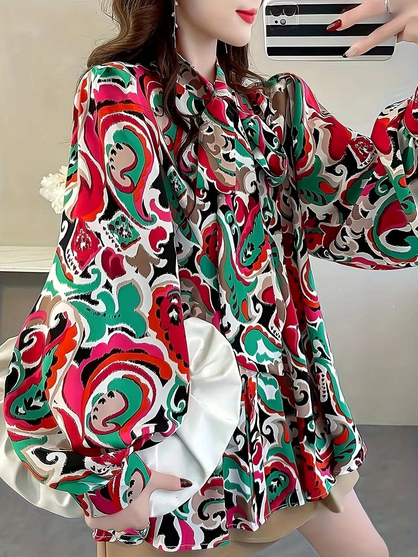 Plus Size Elegant Floral Print Tie-Neck Long Sleeve Blouse - Non-Stretch, Geometric Pattern, Lantern Sleeve, Placket Front, Perfect for Weekend Casual in Spring and Fall - Oversized, Woven, Polyester, Random Printing