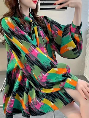 Plus Size Elegant Floral Print Tie-Neck Long Sleeve Blouse - Non-Stretch, Geometric Pattern, Lantern Sleeve, Placket Front, Perfect for Weekend Casual in Spring and Fall - Oversized, Woven, Polyester, Random Printing