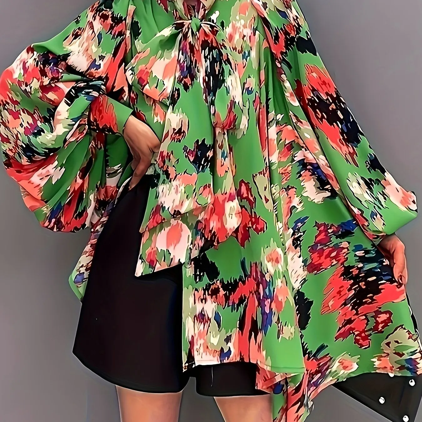 Plus Size Elegant Floral Print Tie-Neck Long Sleeve Blouse - Non-Stretch, Geometric Pattern, Lantern Sleeve, Placket Front, Perfect for Weekend Casual in Spring and Fall - Oversized, Woven, Polyester, Random Printing