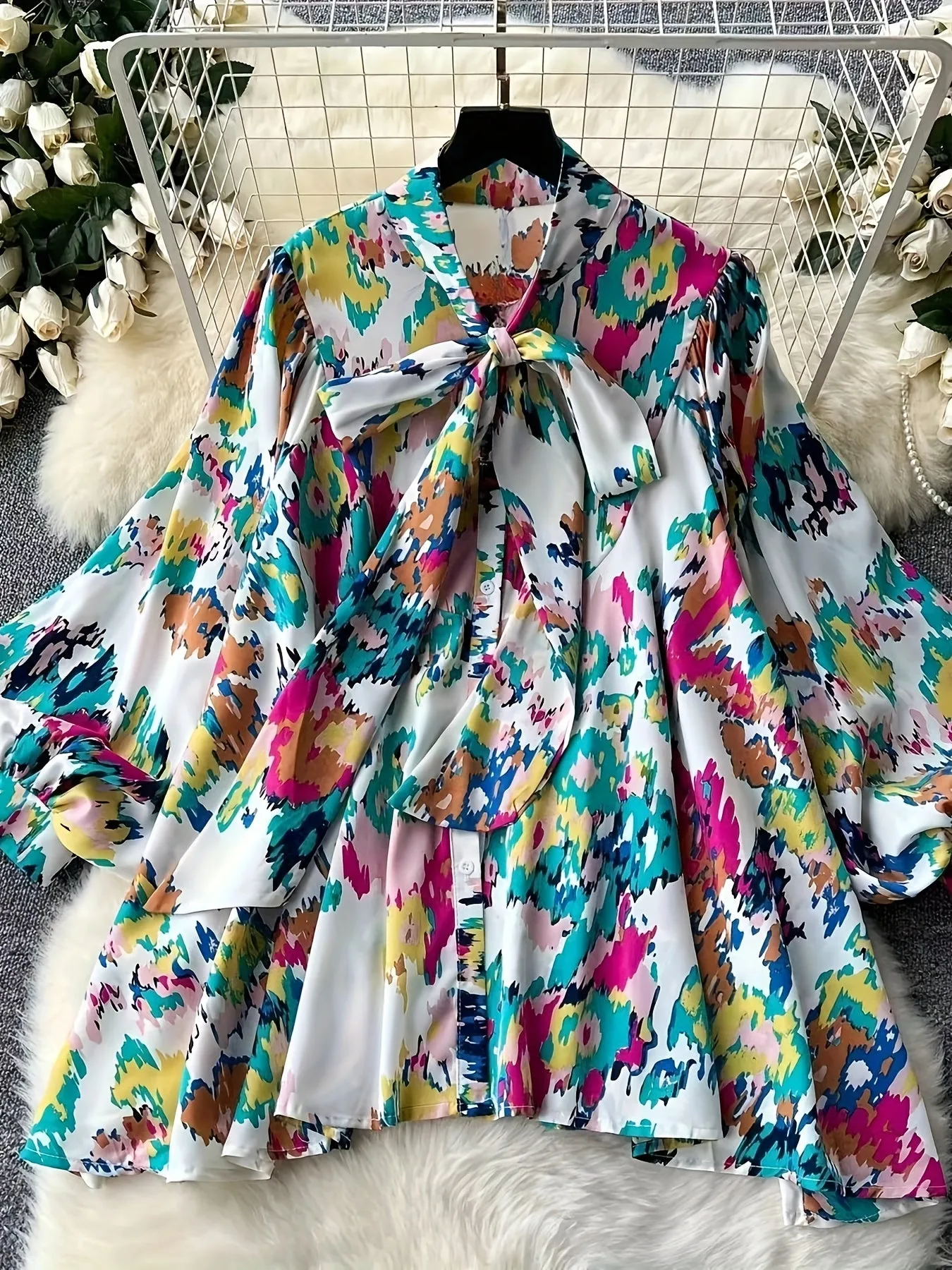 Plus Size Elegant Floral Print Tie-Neck Long Sleeve Blouse - Non-Stretch, Geometric Pattern, Lantern Sleeve, Placket Front, Perfect for Weekend Casual in Spring and Fall - Oversized, Woven, Polyester, Random Printing