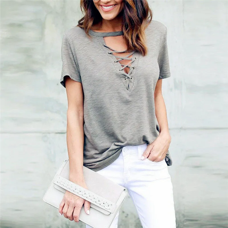 Pure Color Straps Hollow Out Loose T-shirt