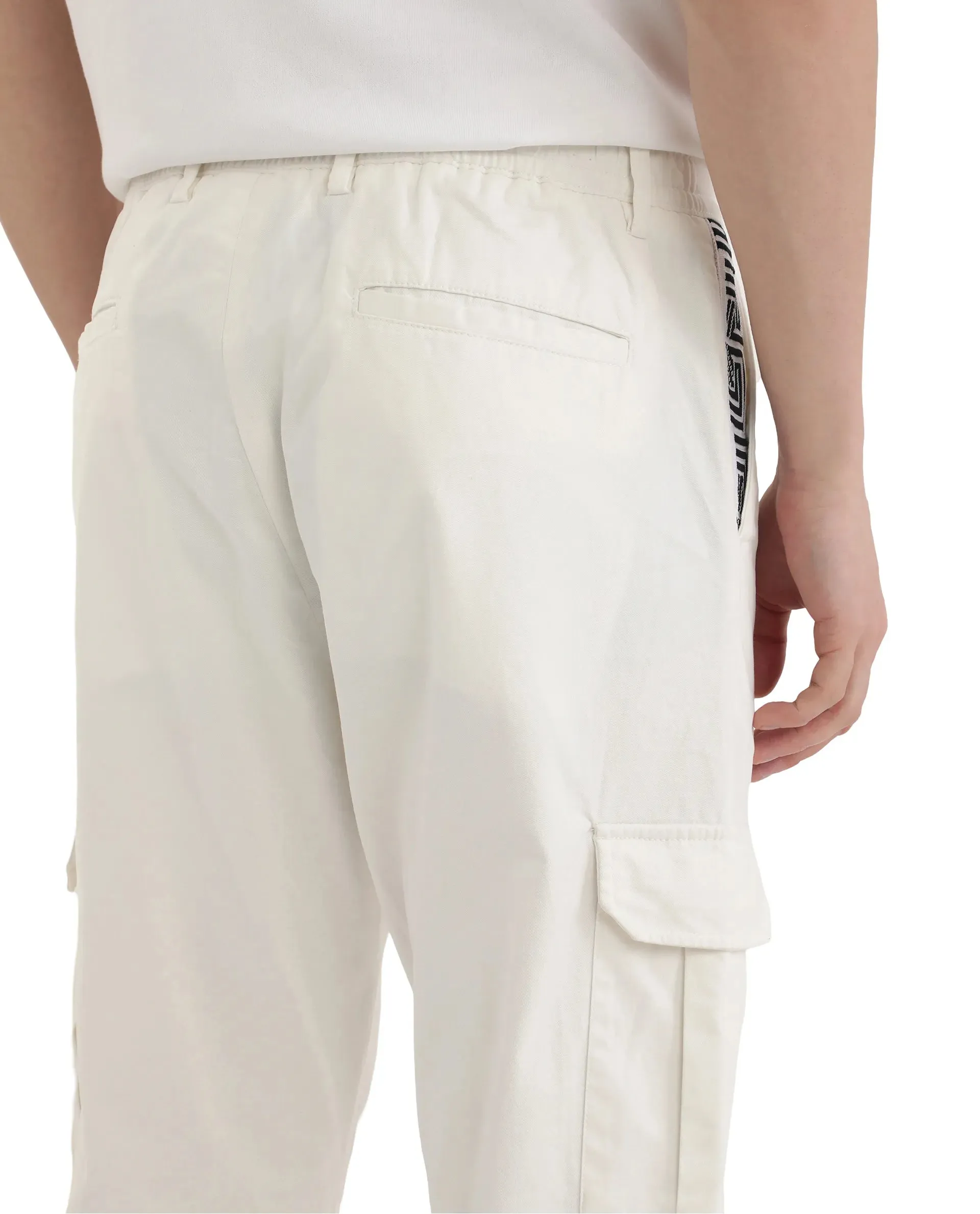 Rare Rabbit Men Nobon White Cotton Fabric Signature Monogram Print Regular Fit Cargo Style Trouser