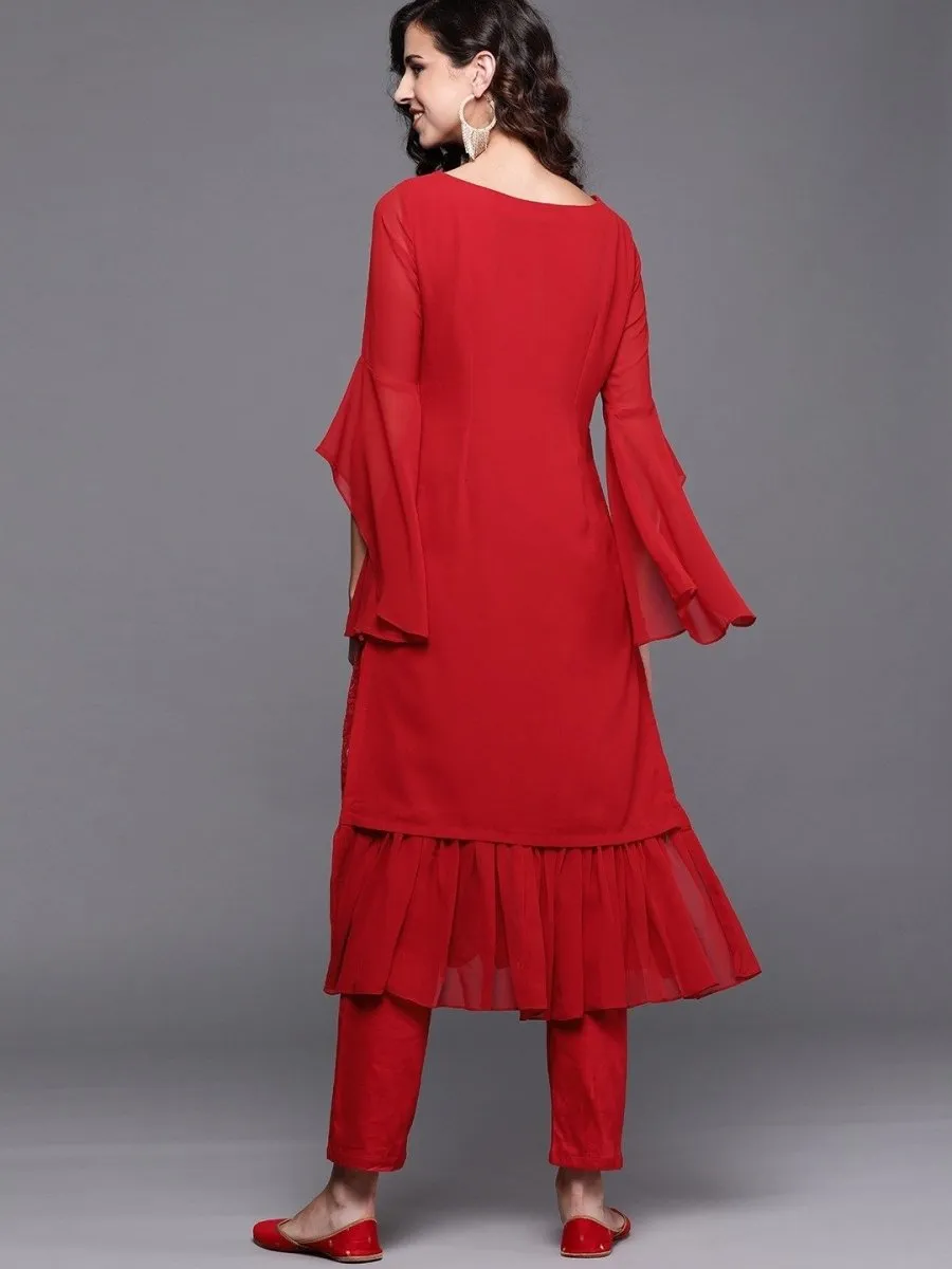 Red Chikankari Embroidered Kurta with Pants