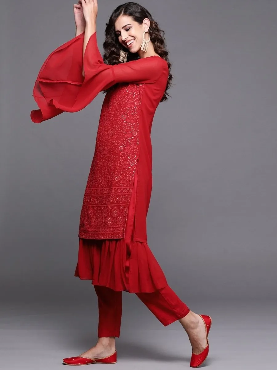 Red Chikankari Embroidered Kurta with Pants