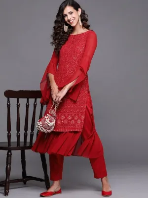 Red Chikankari Embroidered Kurta with Pants
