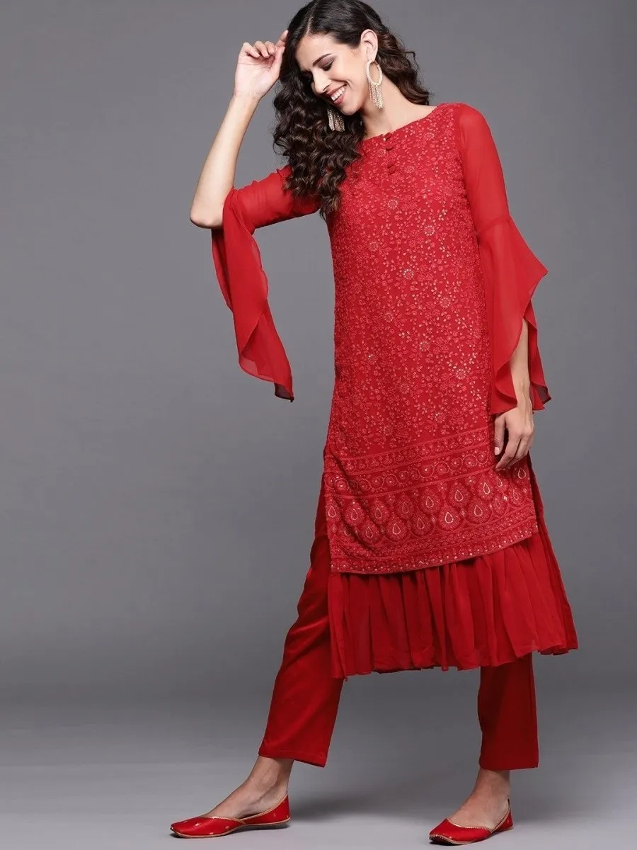 Red Chikankari Embroidered Kurta with Pants