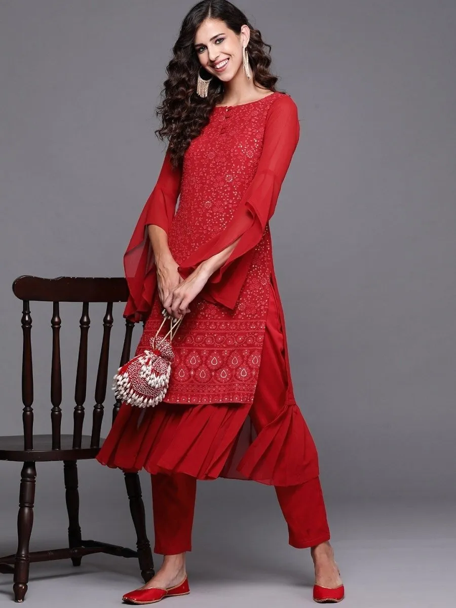 Red Chikankari Embroidered Kurta with Pants