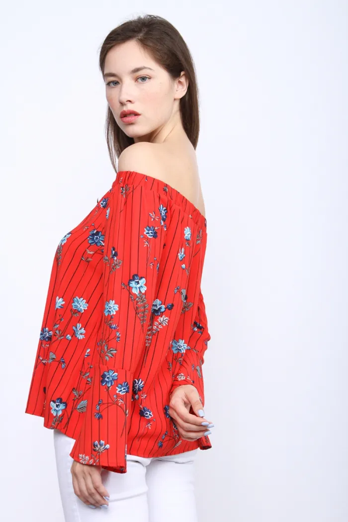 Red Off Shoulder Floral Top