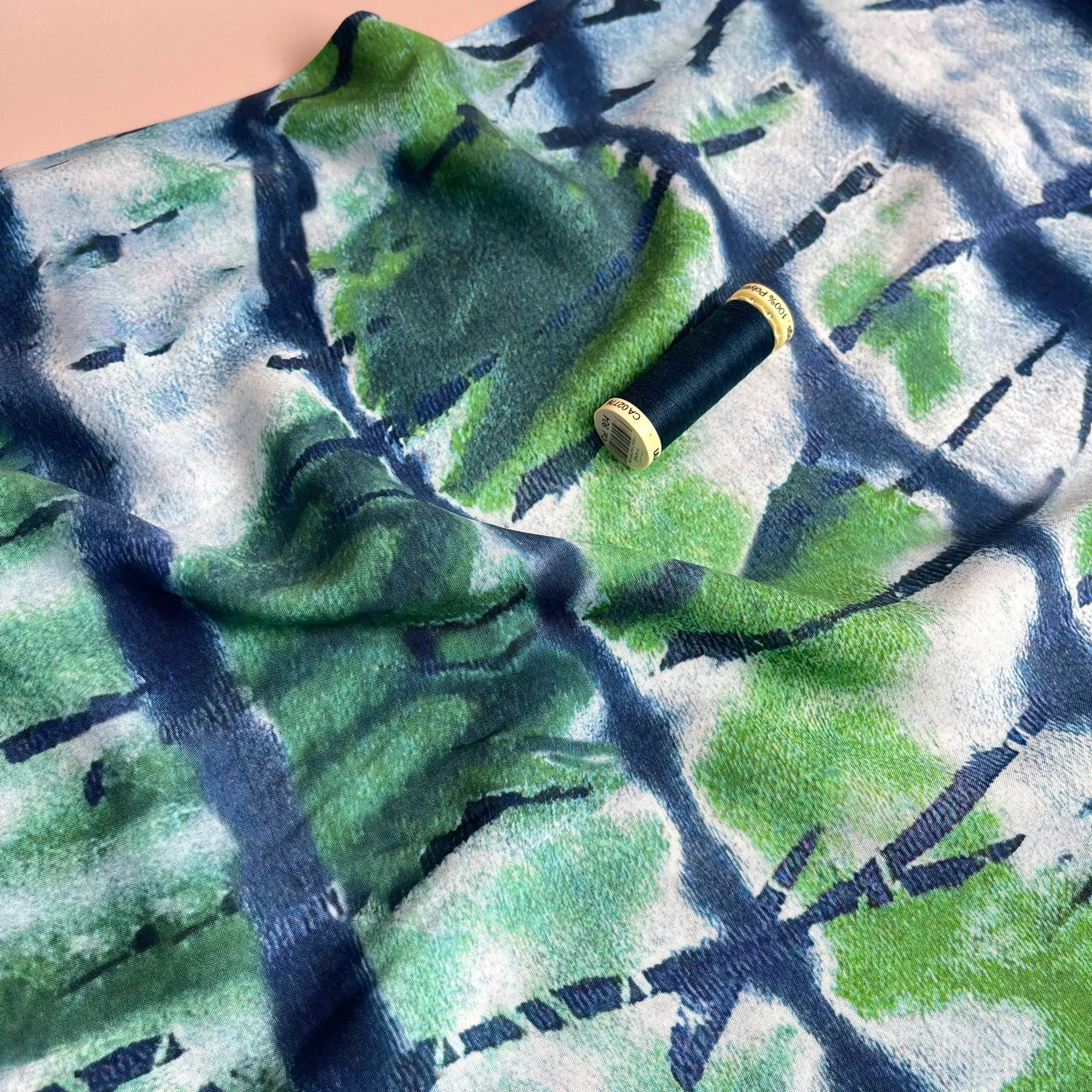 REMNANT 2.95 Metres - Tie Dye Green and Blue Viscose Fabric