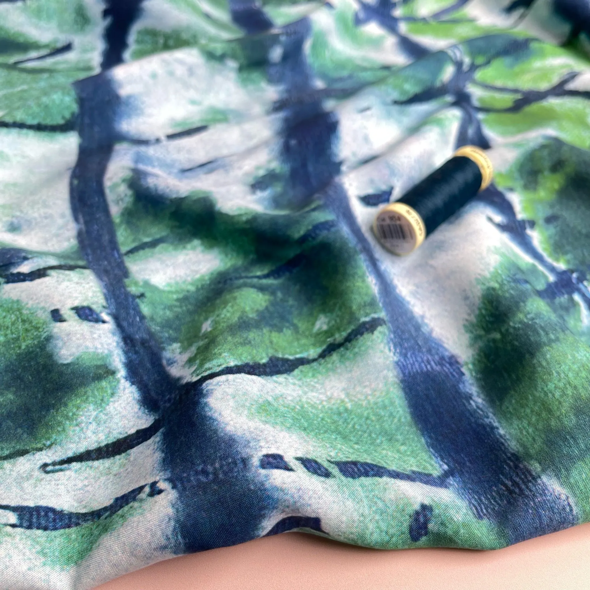 REMNANT 2.95 Metres - Tie Dye Green and Blue Viscose Fabric