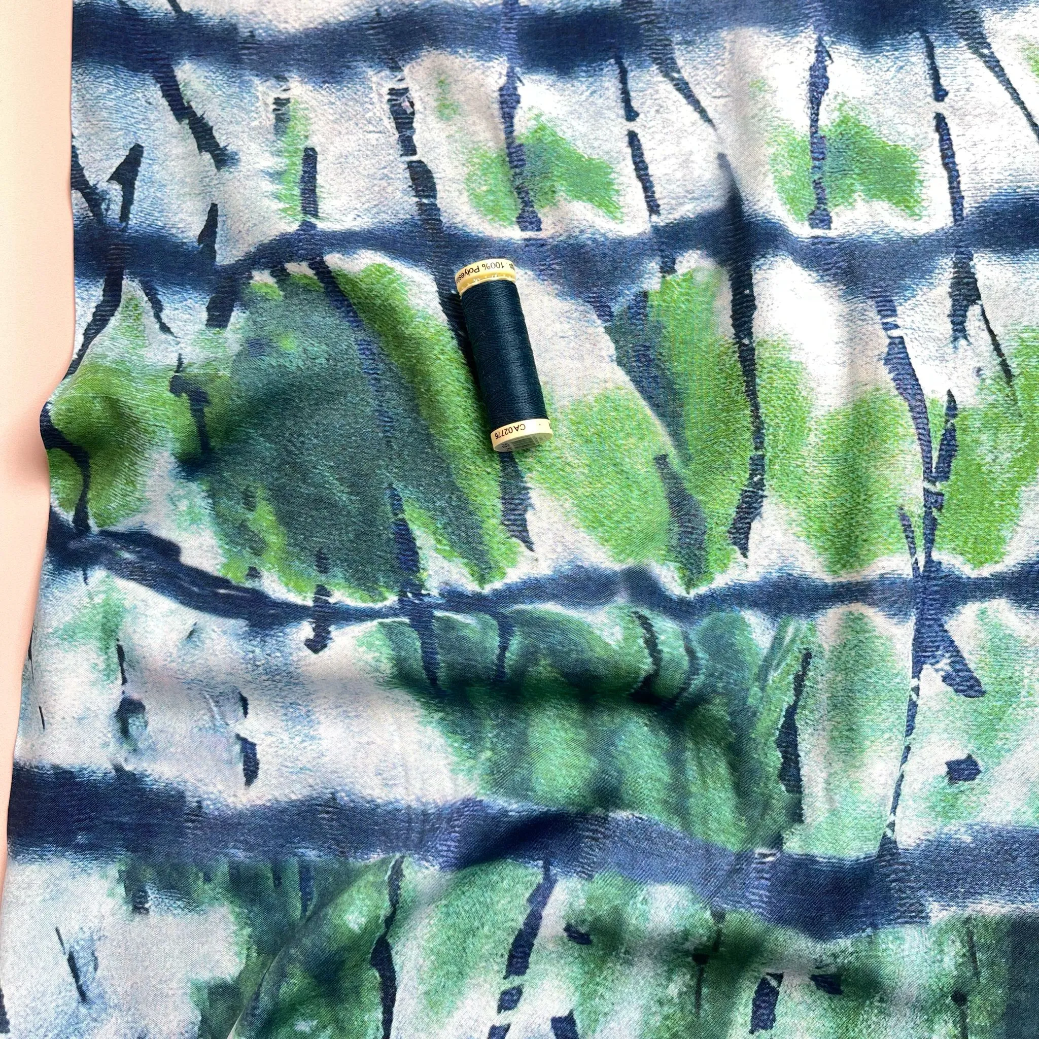 REMNANT 2.95 Metres - Tie Dye Green and Blue Viscose Fabric