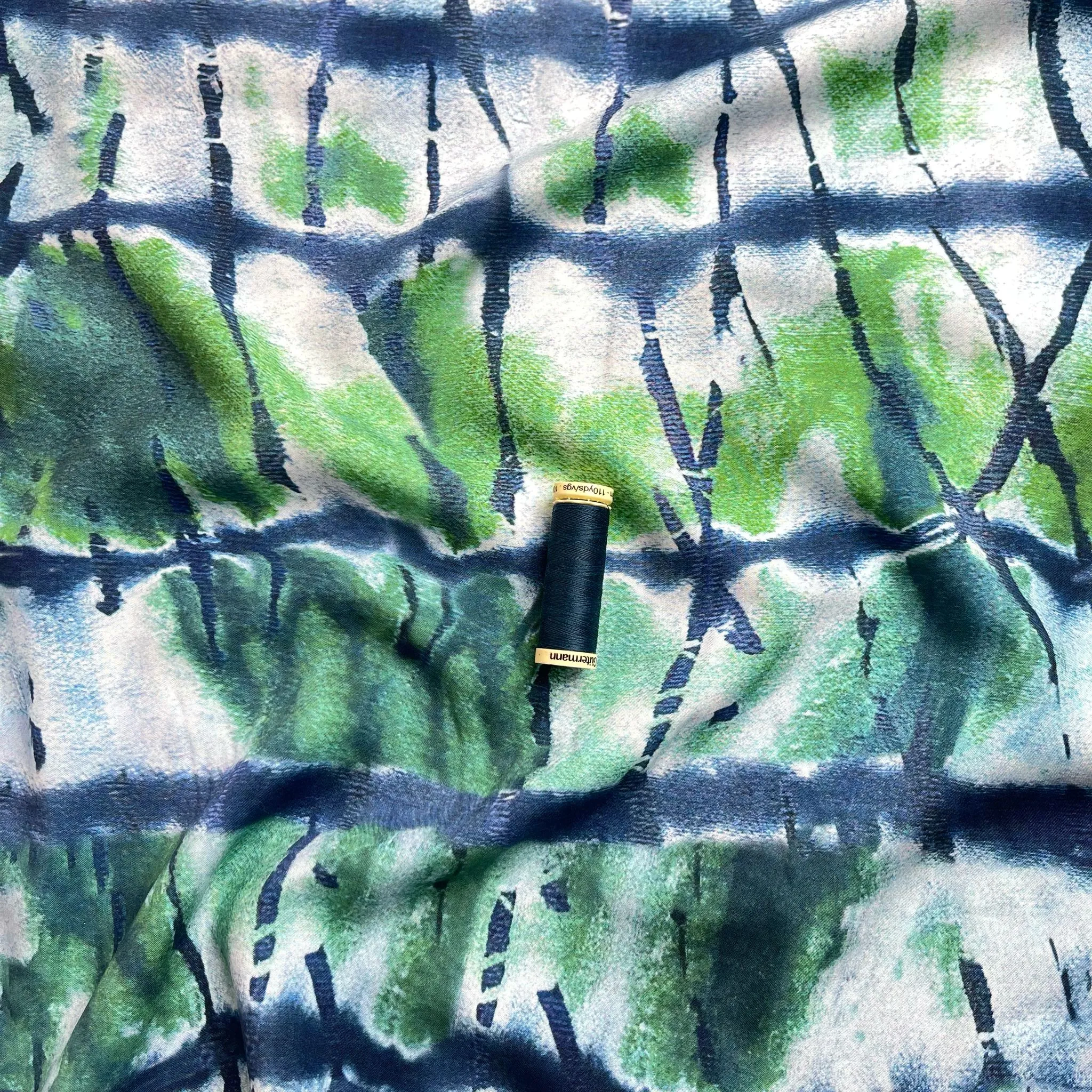 REMNANT 2.95 Metres - Tie Dye Green and Blue Viscose Fabric