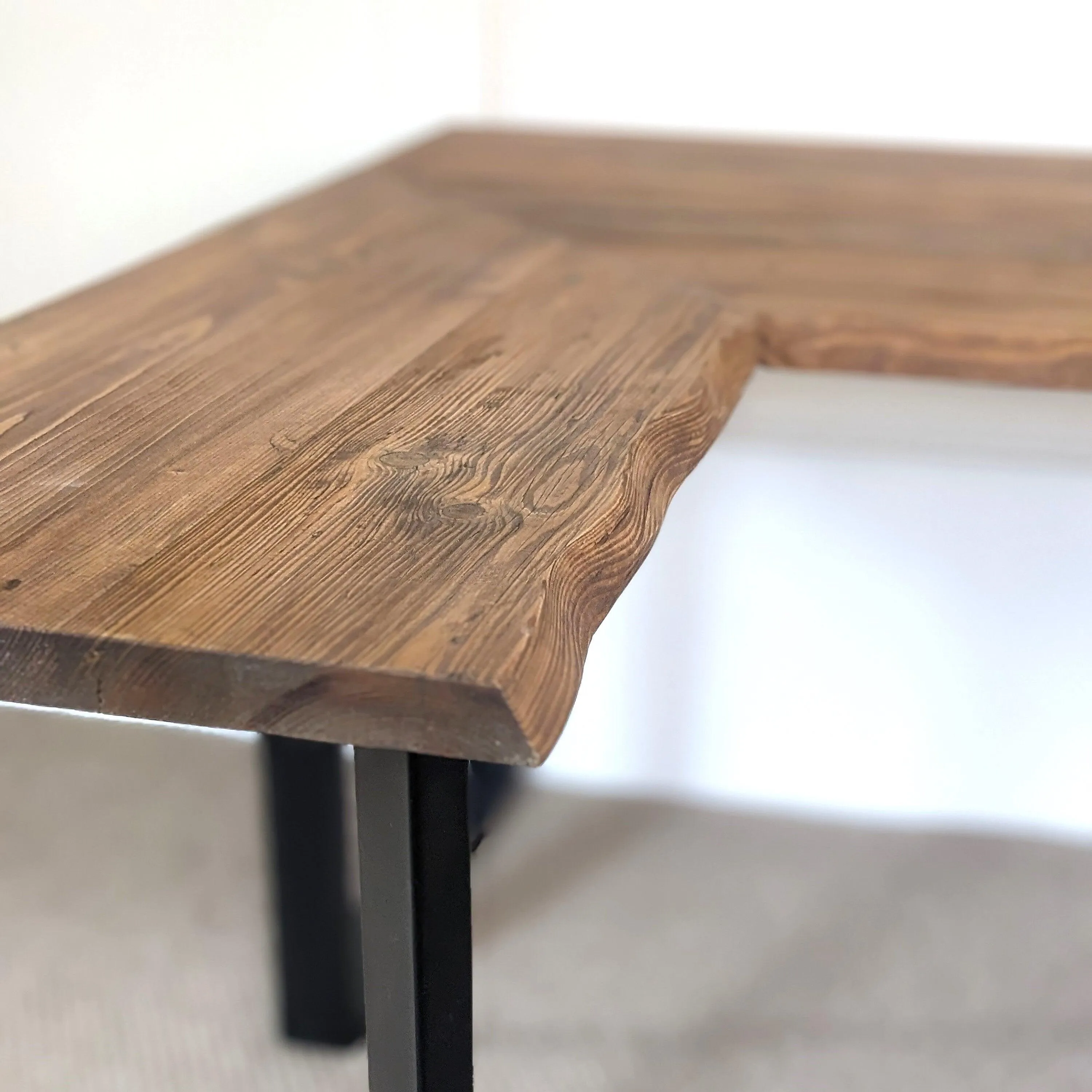 SAOIRSE: Reclaimed Corner Desk with Black Steel Legs   Uneven Edges, Customisable