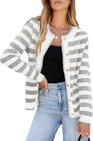 Sidefeel Women's Cardigan Sweaters Striped Open Front Button Down Knitted Coat Cropped Fall Fashion Outwear