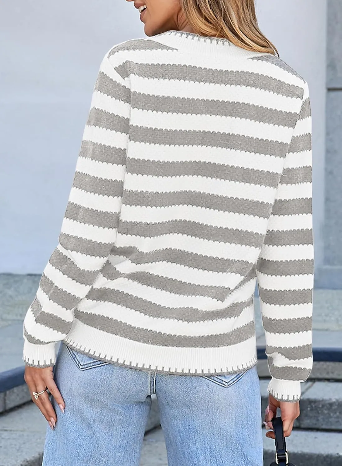 Sidefeel Women's Cardigan Sweaters Striped Open Front Button Down Knitted Coat Cropped Fall Fashion Outwear