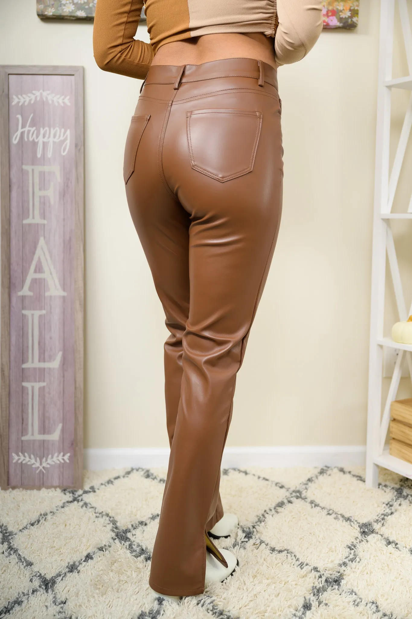 Staying Trendy Faux Leather Flare Pants (Brown)
