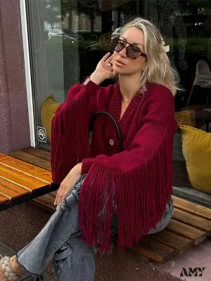 Tassels Patchwork Wine Red Knitted Cardigan Christmas Sweater
