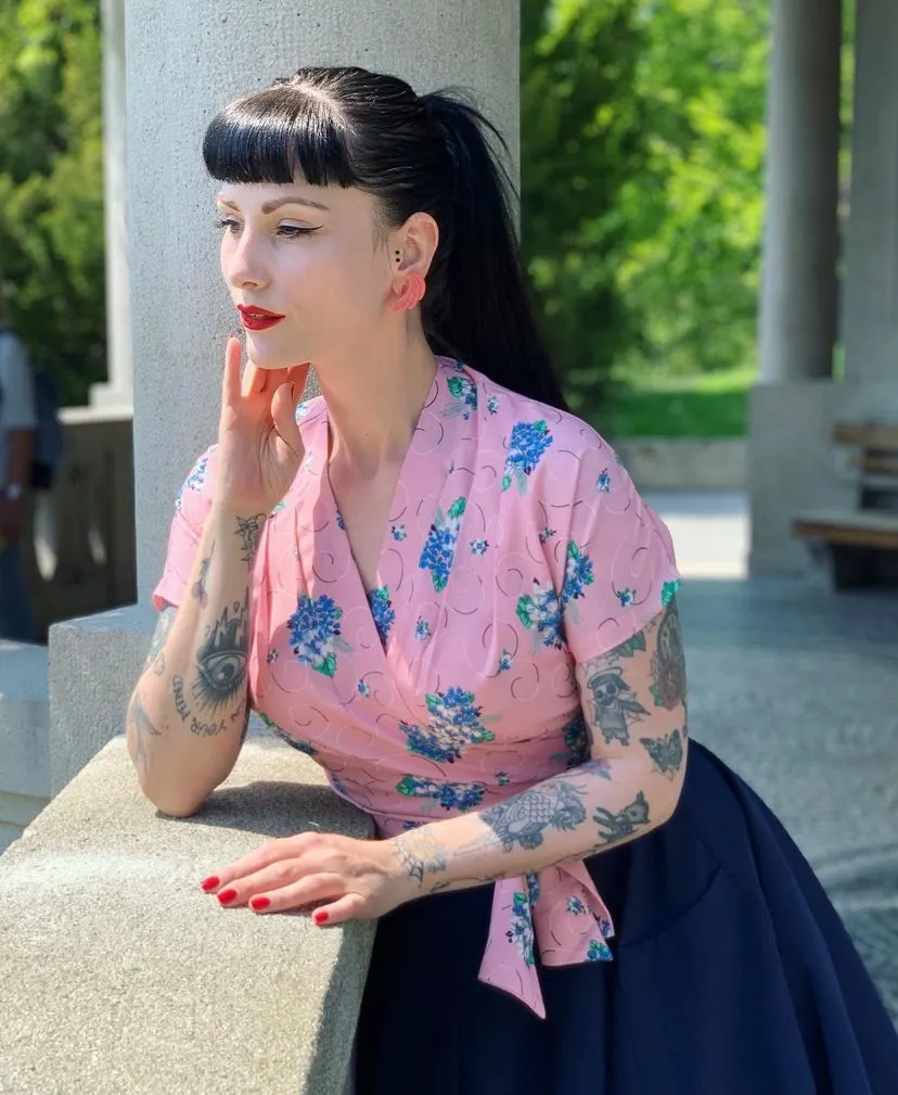 The "Darla" Short Sleeve Wrap Blouse in Pink Summer Bouquet , True 1940s-50s Vintage Style