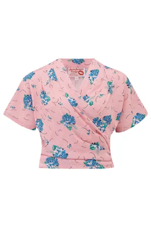 The "Darla" Short Sleeve Wrap Blouse in Pink Summer Bouquet , True 1940s-50s Vintage Style