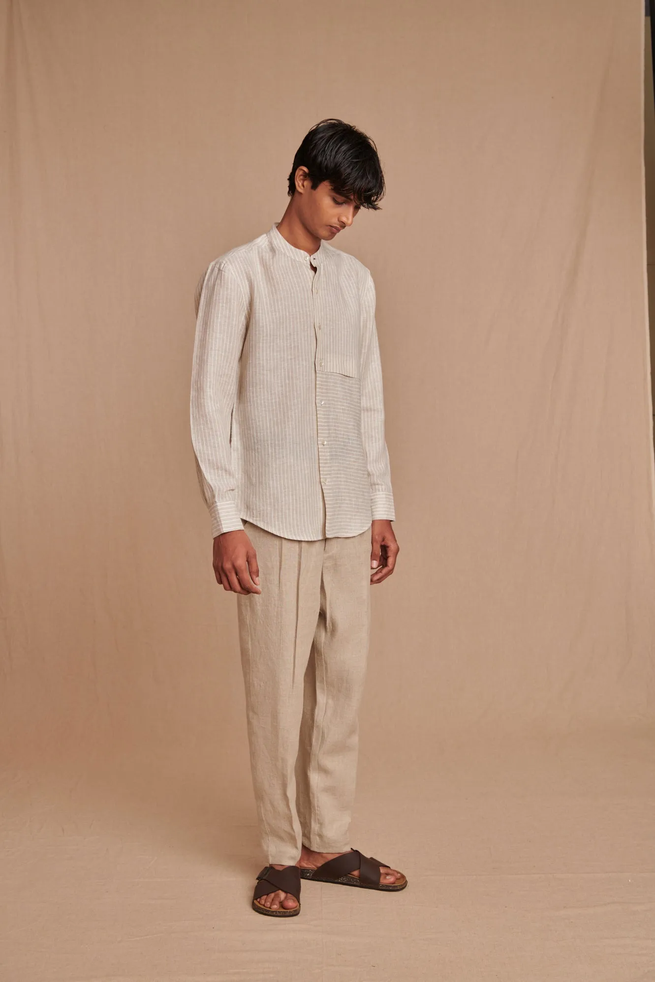 Undyed Linen Men's Pleated Tappered Pants