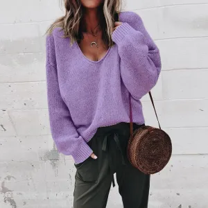 V-neck Bright Color Pullover Sweater 