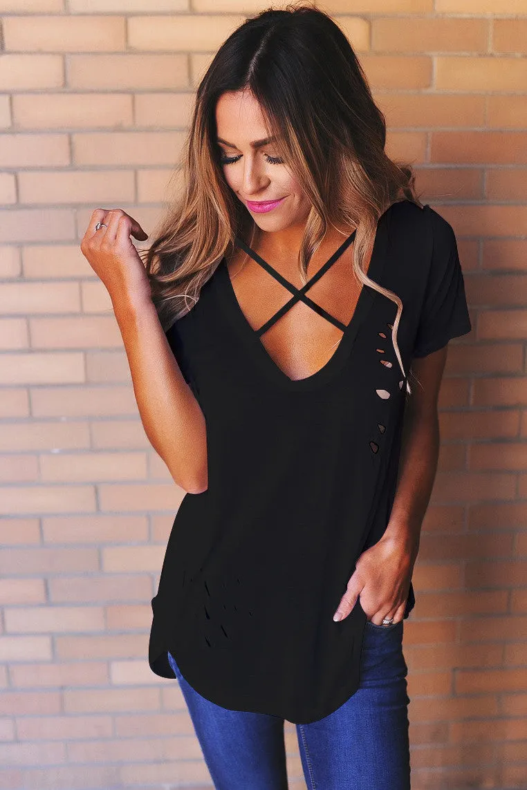 V-neck Candy Color Cut Out Short Sleeves T-shirt
